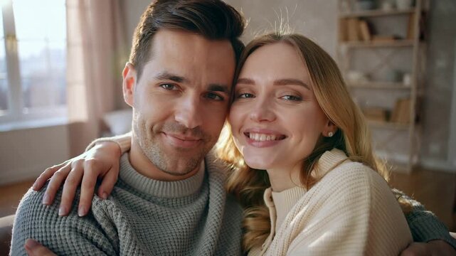 Woman wrapping arms around man's shoulders, man holding close on sofa by window, sharing affection