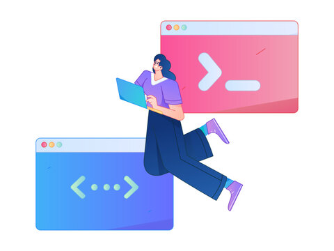 Programming teaching development flat character vector concept operation hand drawn illustration

