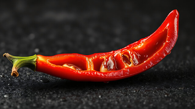 Halved red chili pepper with exposed seeds and glossy inner flesh on black textured surface, vibrant macro detail for spicy ingredient and culinary heat close up.