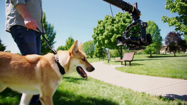 Filming by jib-mounted camera, tan-white dog walking short leash at park for low-angle tracking