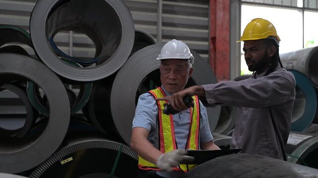Factory employees discussing steel coil specifications in warehouse