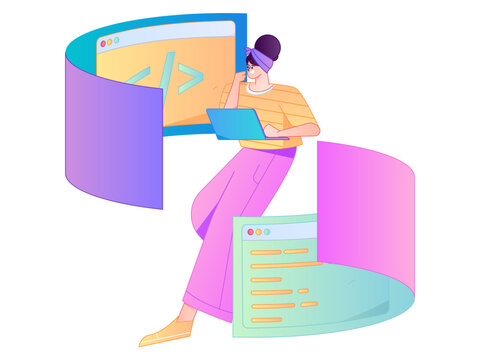 Programming teaching development flat character vector concept operation hand drawn illustration
