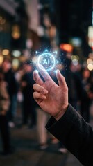 Fototapeta premium Man holding glowing digital artificial intelligence symbol above hand. Futuristic hologram icon for chatbot and automation technology. Innovative cyber network concept and connection data.