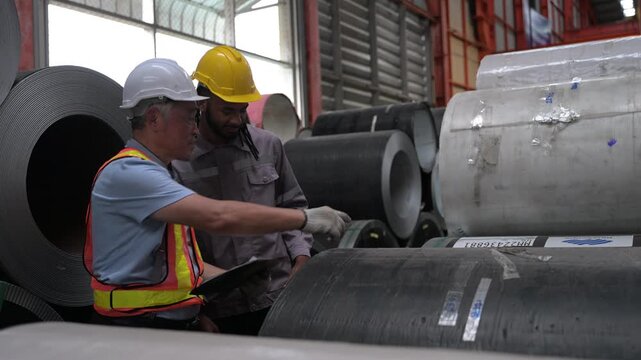 Industrial workers checking steel coil quality during manufacturing operations