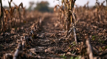 Obraz premium Weathered shriveled crops lie in rows under harsh sunlight emphasizing the dry texture of the agricultural field