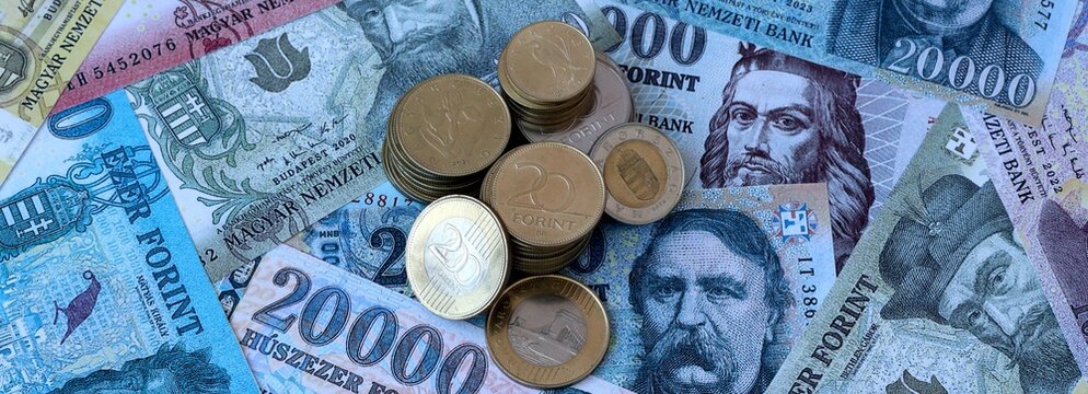 Hungarian forint money banknotes and coins on table. Hungary cash bills of HUF currency
