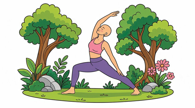 Woman in yoga warrior pose outdoors.