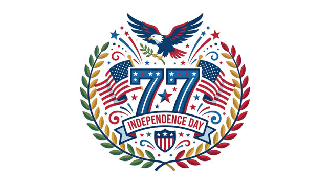 American Independence Day 77th Anniversary Patriotic Emblem with Eagle and Flags