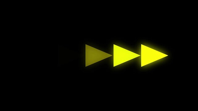 Creative digital progress bar tracking symbol, premium multi purpose arrow vector element for professional graphic designers, vibrant neon yellow arrows moving left to right  with black background.