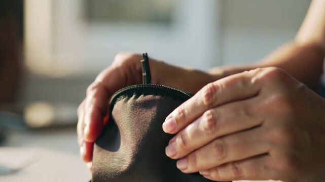 Picking up black cable, hands tightening loops on tabletop, tucking into zippered pouch for storage