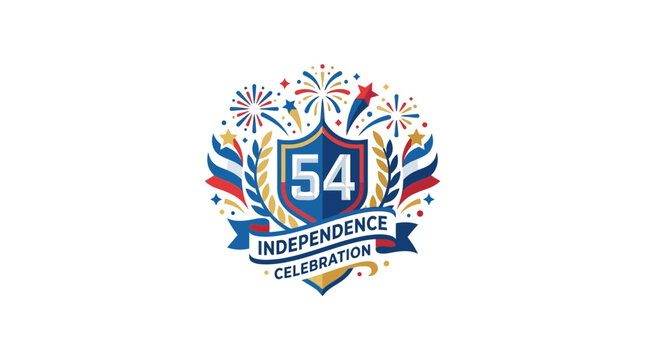Fifty Fourth Independence Day Celebration Emblem with Patriotic Shield and Festive Fireworks