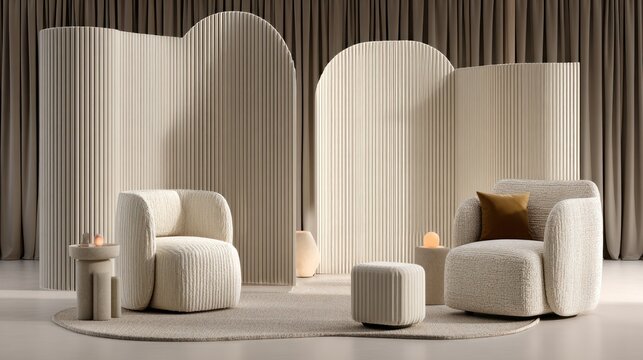Minimalist interior setting showcases plush armchairs against architecturally detailed room dividers