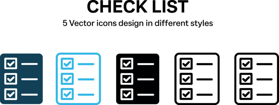 Set of five check list vector icons featuring flat, solid, and outline design styles for task management projects