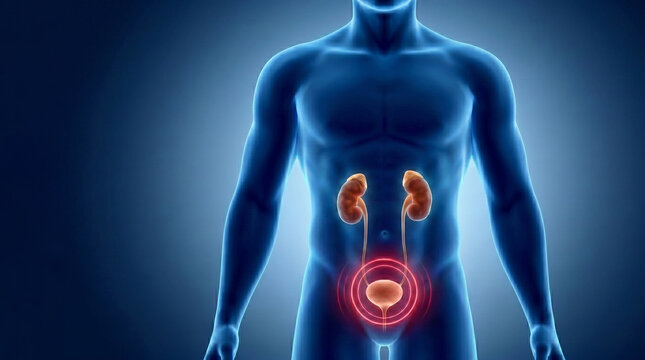 The translucent male torso silhouette with a glowing urinary bladder and kidneys featuring red target indicator for urological health analysis