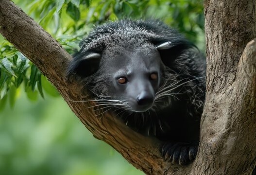 An exotic dark-furred bearcat with white whiskers sits on a tree branch