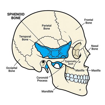 Human skull anatomy diagram with labeled bones.