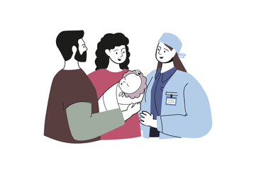 Obraz premium Family with newborn baby flat concept with people for web design. Young mother and father holding little child, taking care about their child. visiting pediatric doctor in clinic. Vector illustration.