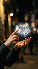 Fototapeta premium Woman touching digital brain hologram with artificial intelligence icon. Interactive neural network interface and virtual technology. Future automation and machine learning concept.