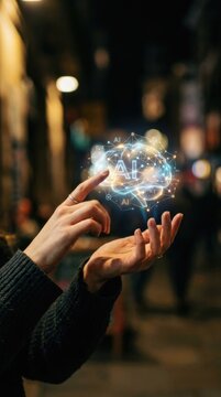 Woman touching digital brain hologram with artificial intelligence icon. Interactive neural network interface and virtual technology. Future automation and machine learning concept.