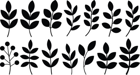 Black leaves silhouette vector icon set including various tree branches botanical foliage stems and decorative berry twig graphic design elements. © Sumaiya