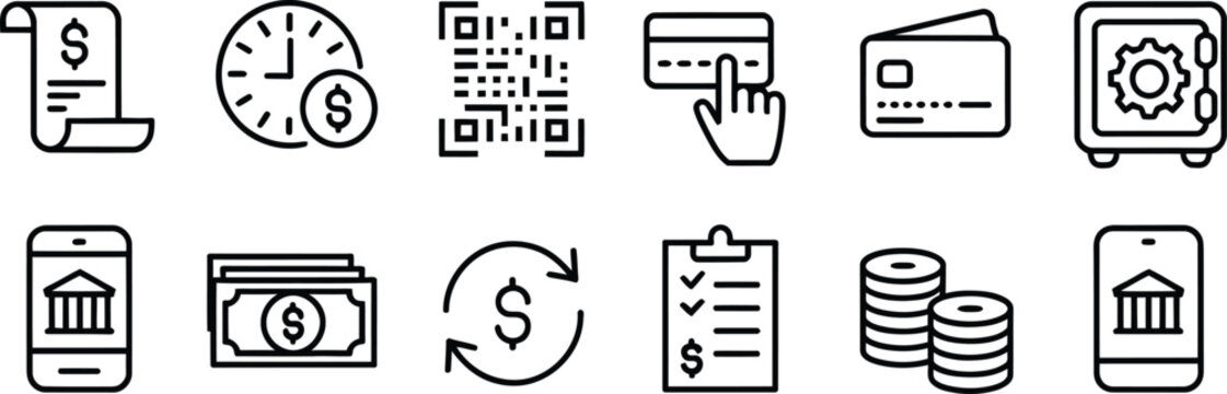 Digital payment methods vector icons with financial transaction security currency exchange business checklist budget management countdown deadline automatic billing payment.