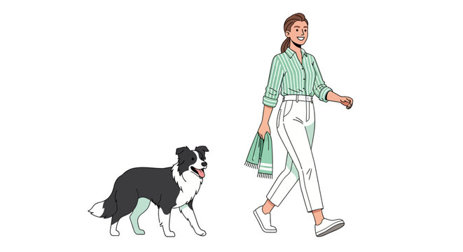 Woman walking her black and white border collie dog.