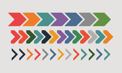 Fototapeta premium Colorful Chevron Arrows Arranged in Three Rows on White Background orange