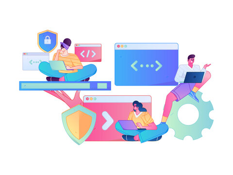 Programming teaching development flat character vector concept operation hand drawn illustration

