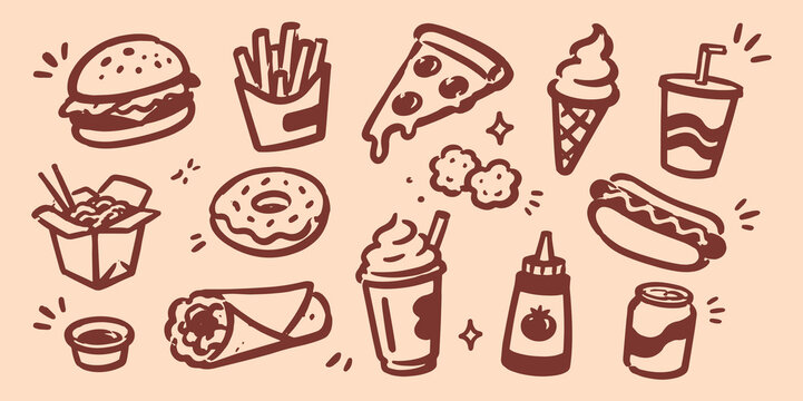 Fast Food Doodle Set Vector Illustration