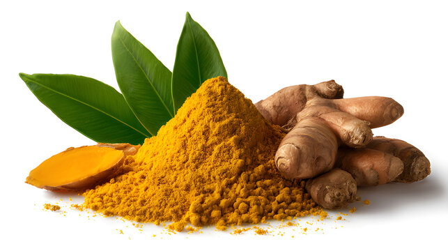 Turmeric powder and roots with green leaves on white background ai generated image
