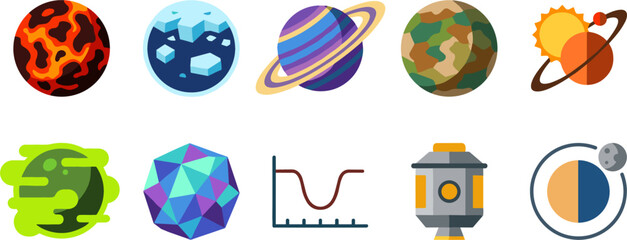 Sci Fi Space Planet Icon Set with Alien Worlds Saturn Satellite Orbit and Galaxy Astronomy Symbols for Game Interface Design © MdMohsin