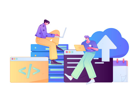 Programming teaching development flat character vector concept operation hand drawn illustration
