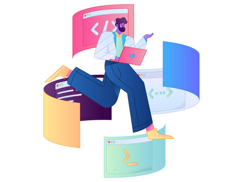 Programming teaching development flat character vector concept operation hand drawn illustration
