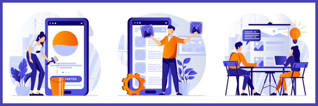 Mobile App Development Vector Set. UI/UX Design Process, User Interface Creation, and Team Collaboration for Digital Product Launch.