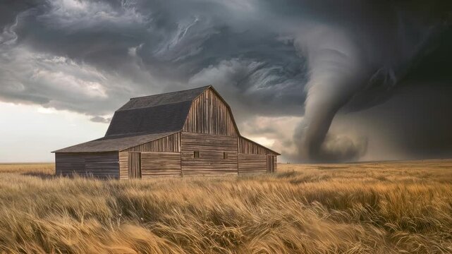Massive tornado approaching wooden barn in rural field. Extreme weather event with dark storm clouds and swirling funnel cloud. Lockdown wide shot.