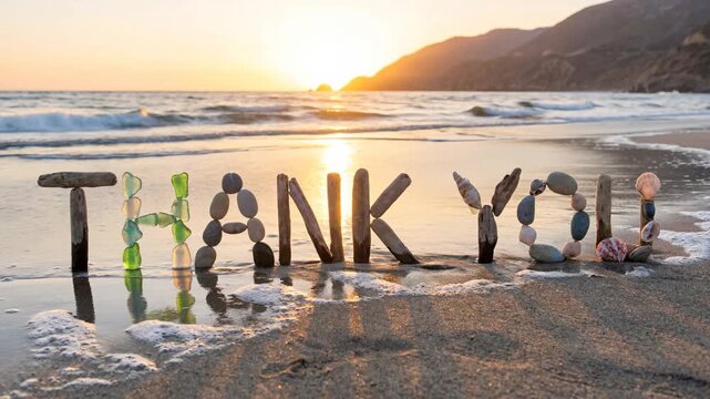 Thank you word formed with driftwood, sea glass, pebbles, and shells on a beach at sunset, showing gratitude message Concept Video