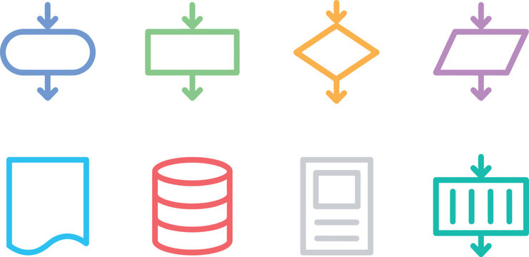 Colorful flowchart symbol collection, workflow diagram icons, process shapes, database elements, connector and document vector