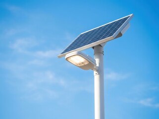 Obraz premium Solar street light with panel on pole during day. Sustainable outdoor LED lighting powered by sunlight. Green energy technology for eco friendly city infrastructure and environment.