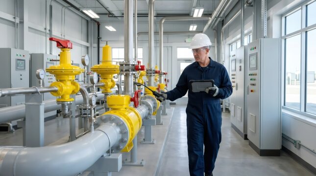 Engineer inspecting pipeline equipment using digital tablet. Professional man in hard hat checking industrial gas facility. Modern technology for maintenance and safety control system.