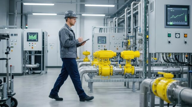 Engineer in hard hat checking industrial equipment in a power plant. Man using tablet for system monitoring and data analysis in a factory production area. Modern energy facility control.