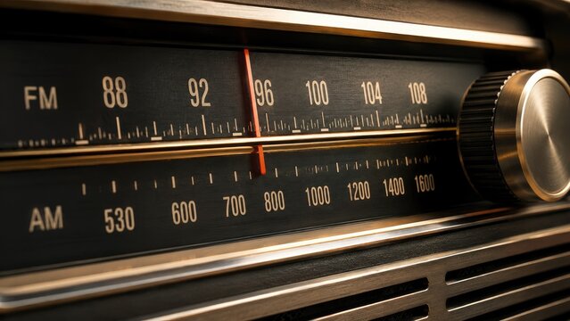 Close-up of a vintage analog radio tuner dial with AM and FM frequency scales, tuning needle and metal knob in warm retro lighting
