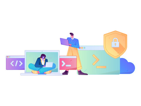 Programming teaching development flat character vector concept operation hand drawn illustration
