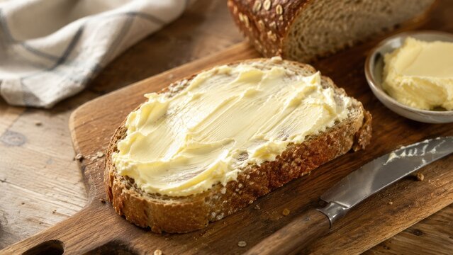Slice of multigrain bread spread with creamy butter on a wooden cutting board beside a knife and butter dish