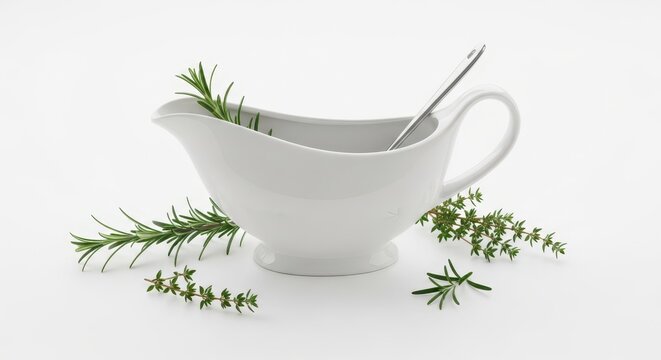 White gravy boat with herbs and spoon.