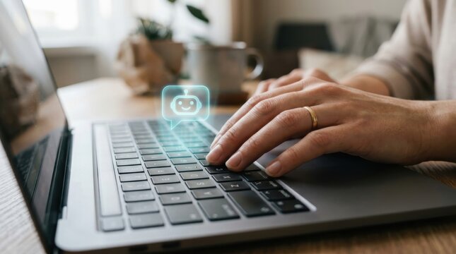 Woman typing text on laptop keyboard with virtual chatbot icon hovering above. Artificial intelligence technology, automated customer service and digital assistant concept for online communication.
