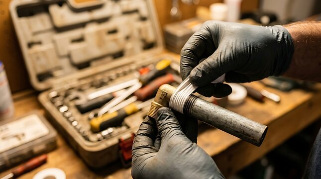 Closeup of a plumber applying white ptfe thread seal tape to the threads of a metal pipe fitting in a workshop setting with tools in the background