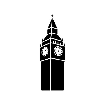 Masterpiece Big Ben icon featuring London's iconic clock tower in a balanced circular composition with architectural accents and a recognizable clock face. Premium black and white vector emblem ideal 