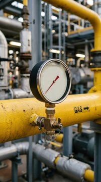 Pressure gauge installed on a yellow gas pipeline. Industrial equipment for monitoring and controlling natural gas flow. Refinery infrastructure and engineering facility technology concept.