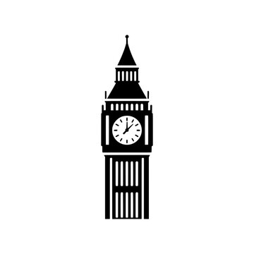 Masterpiece Big Ben icon featuring London's iconic clock tower in a balanced circular composition with architectural accents and a recognizable clock face. Premium black and white vector emblem ideal 
