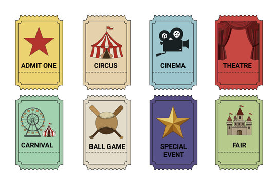 A collection of eight colorful vintage-style admission tickets featuring icons for cinema, circus, theatre, carnival, ball game, and special events.